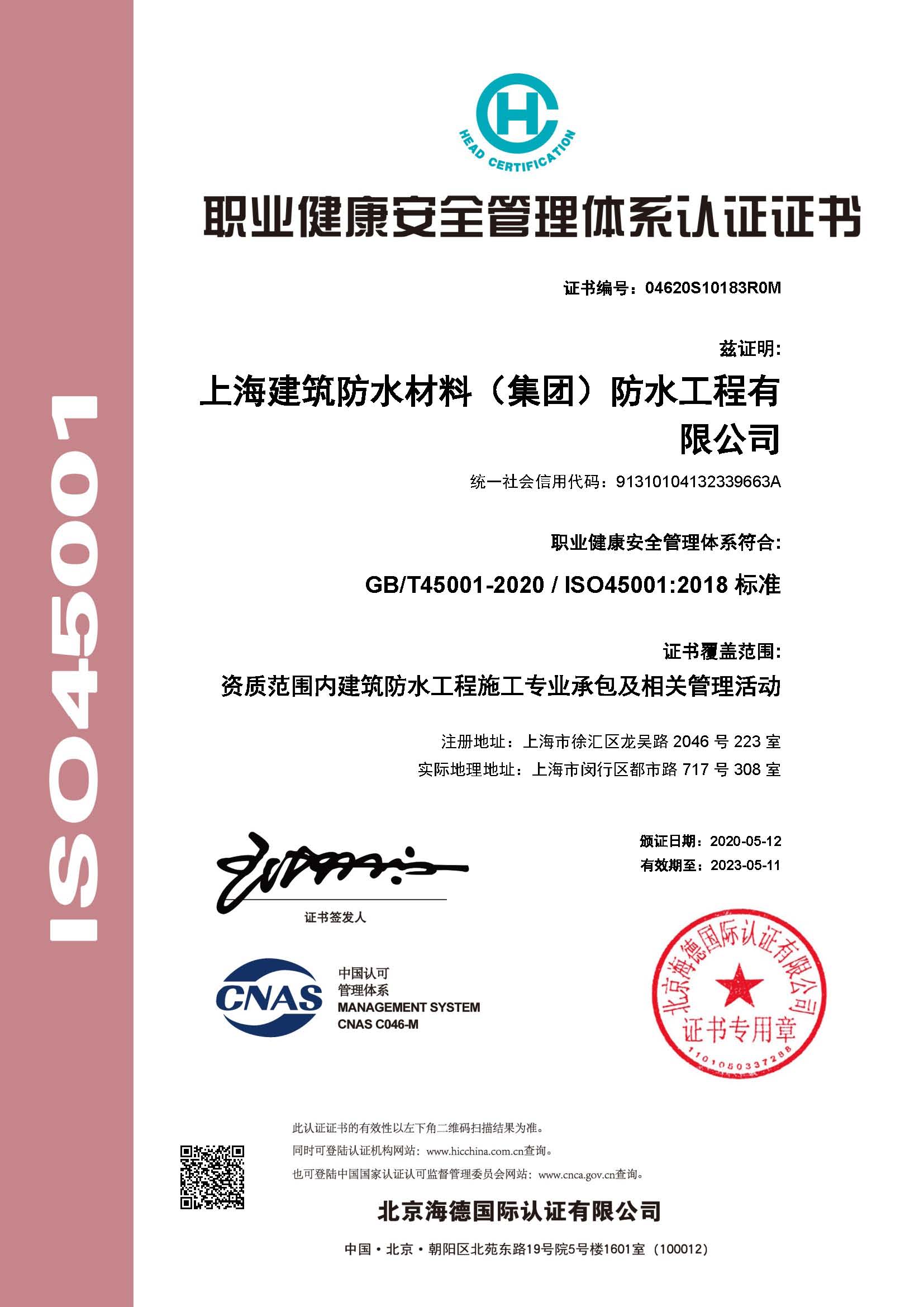 職業健康體系認證證書